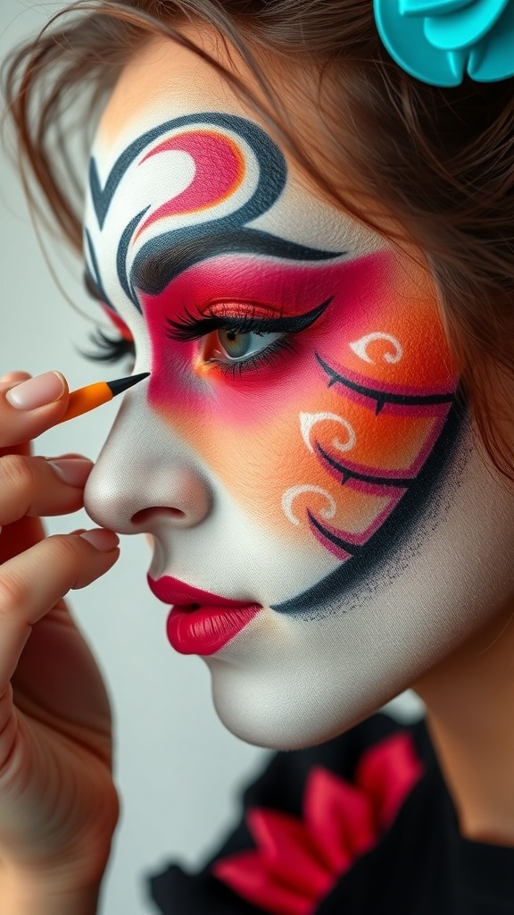 A close-up of a woman applying colorful face makeup with intricate designs.