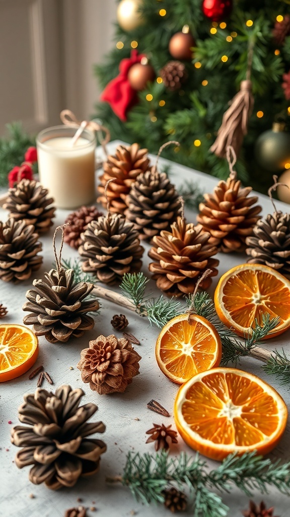 A collection of DIY nature-inspired Christmas ornaments featuring pinecones, dried orange slices, and cinnamon sticks on a table.