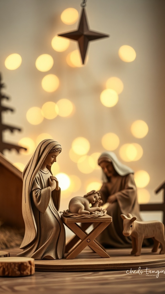 A wooden nativity scene featuring Mary, Joseph, and baby Jesus with a soft glowing background.