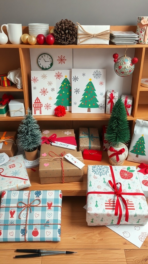 A festive display of wrapped Christmas gifts on a wooden shelf, featuring various designs and decorations.