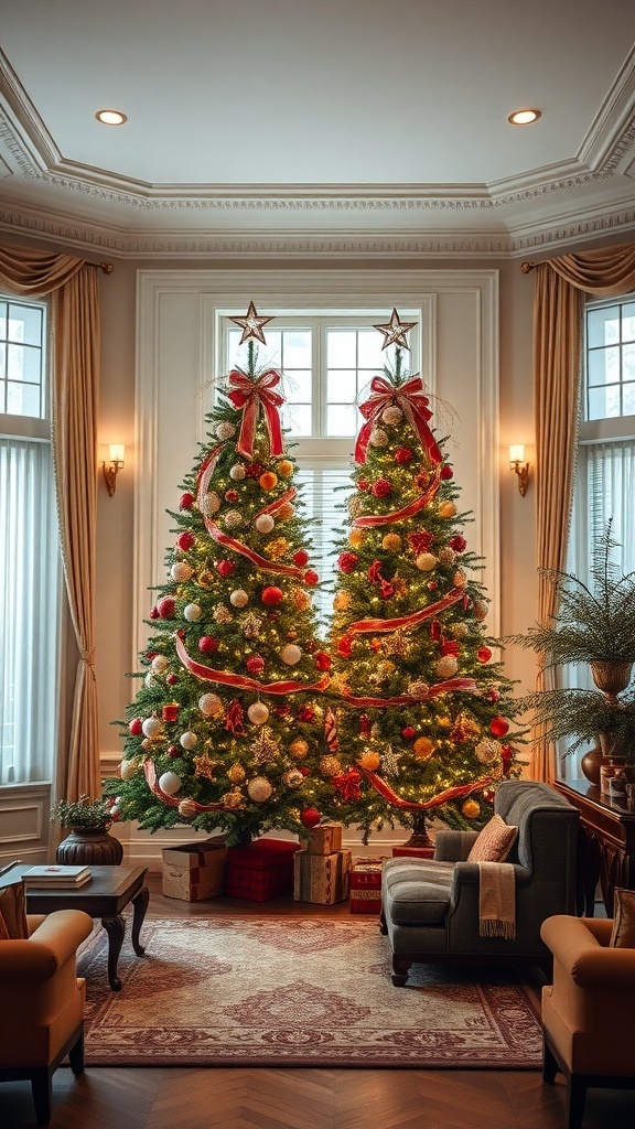 Two beautifully decorated Christmas trees in a living room, surrounded by gifts and cozy seating.