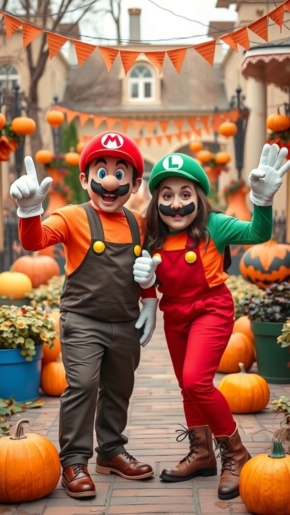A couple dressed as Mario and Luigi in a festive Halloween setting with pumpkins and decorations.