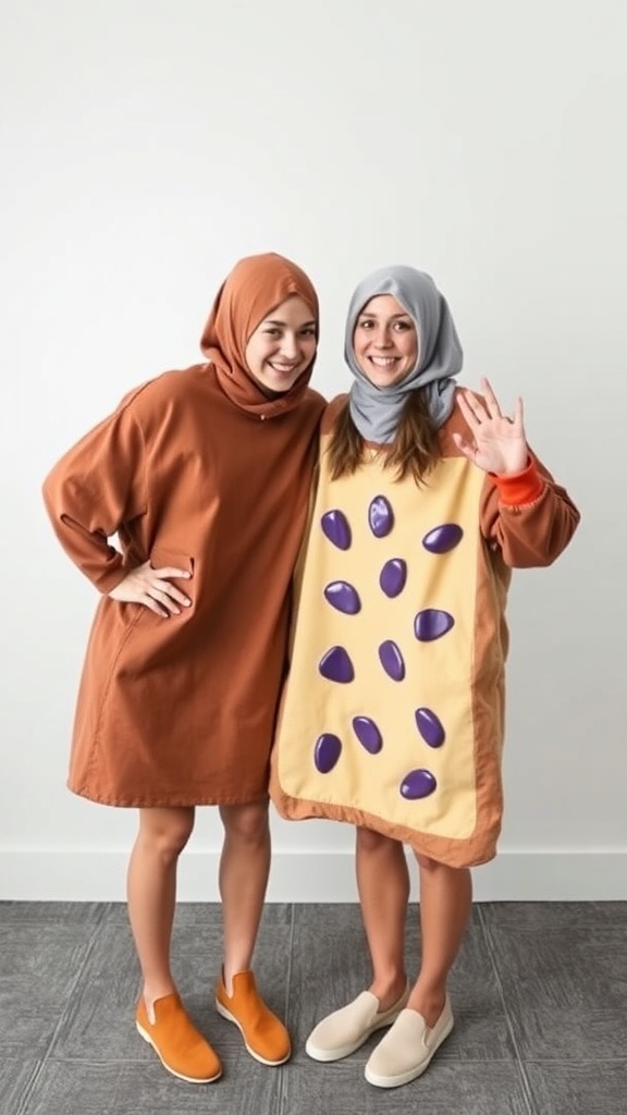 Two friends dressed as peanut butter and jelly for Halloween