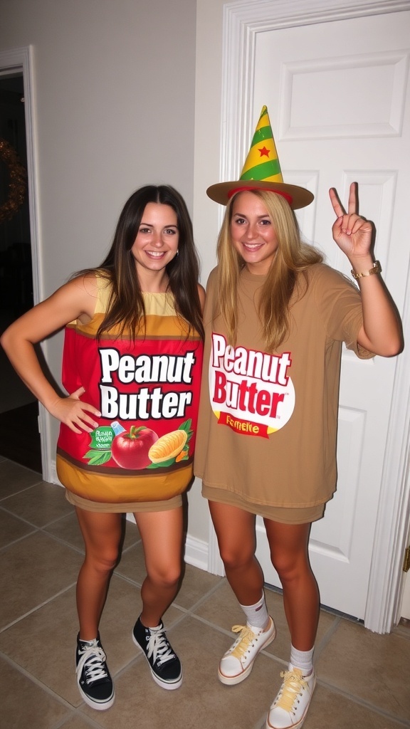 Two friends dressed as peanut butter and jelly for Halloween
