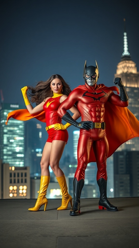 A dynamic duo in superhero costumes posing against a city skyline at night.