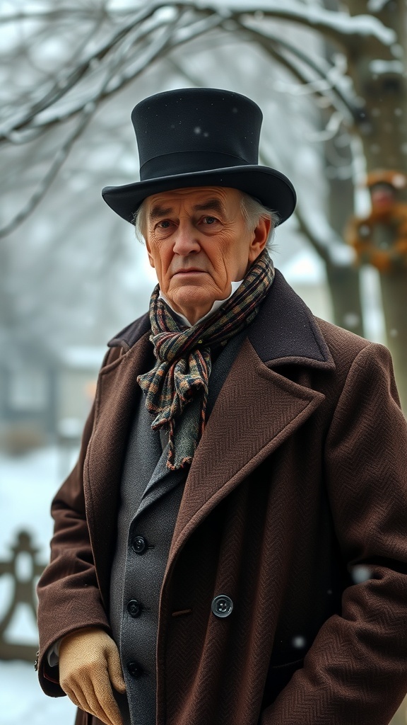 Ebenezer Scrooge in a classic costume with a top hat and long coat, reflecting his character's transformation in 'A Christmas Carol.'