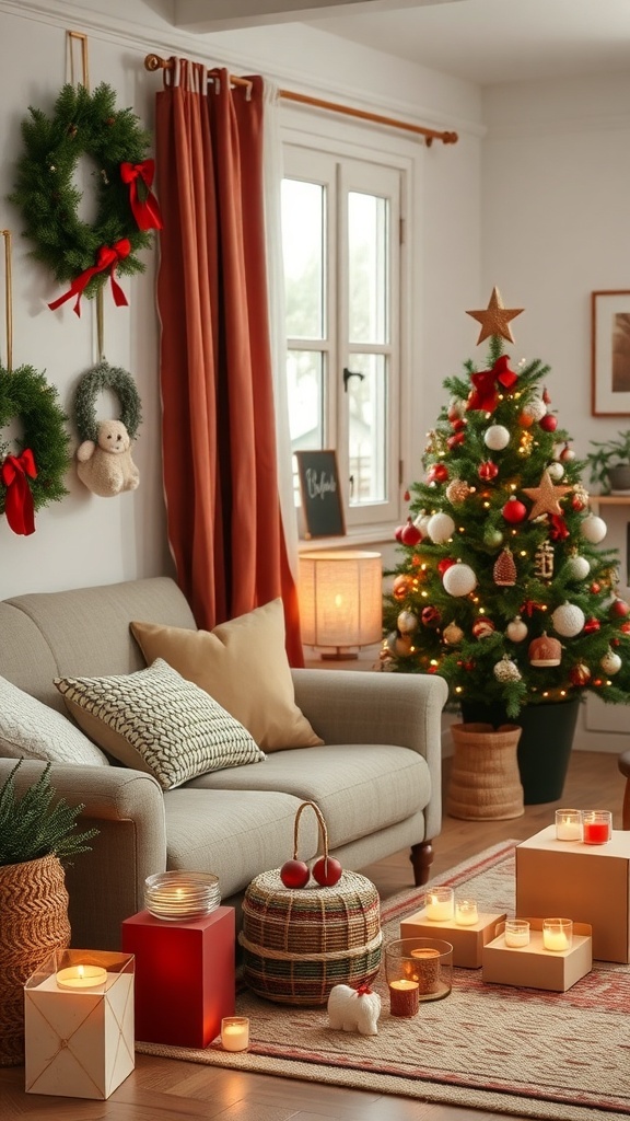 Cozy living room decorated for Christmas with a tree, wreaths, and candles.
