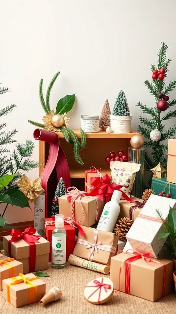 A festive arrangement of eco-friendly gifts and decorations for Christmas.