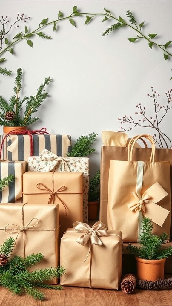A collection of eco-friendly wrapped gifts featuring kraft paper, twine, and natural decorations.