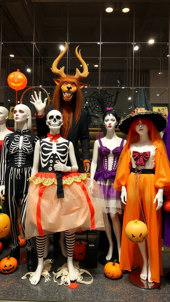 A Halloween costume display featuring mannequins in various spooky costumes, including a skeleton and a horned mask, surrounded by pumpkins.