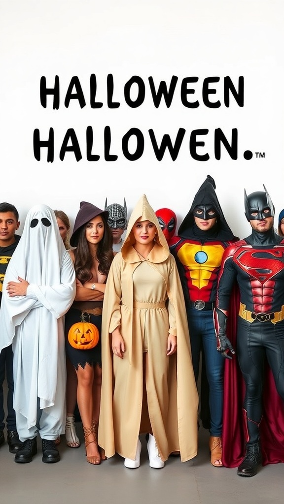 A group of people in various Halloween costumes, including a ghost, superheroes, and a witch, with a pumpkin bucket.