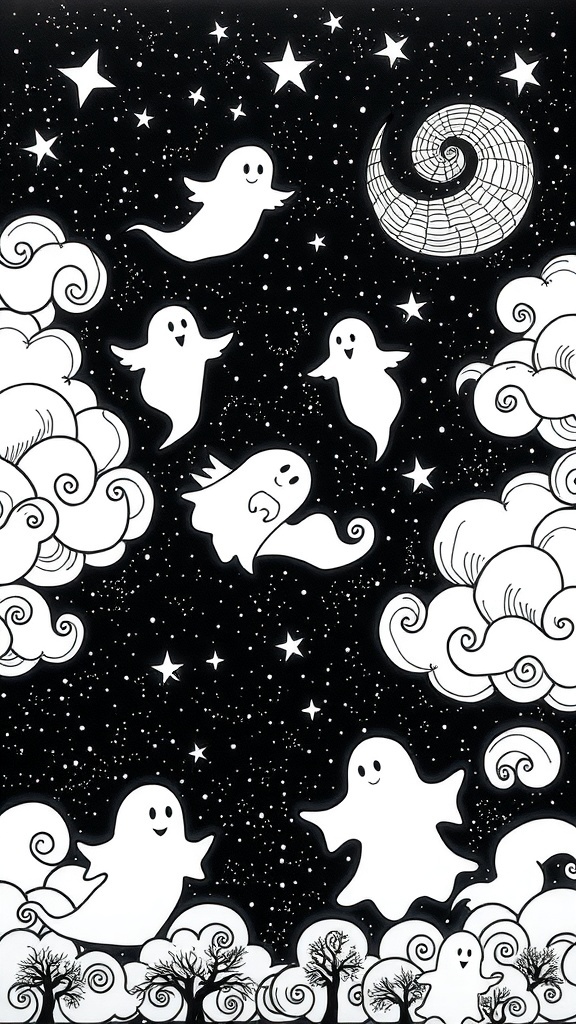 A whimsical illustration of cheerful ghost silhouettes floating in a starry night sky with clouds and a spiral shell.