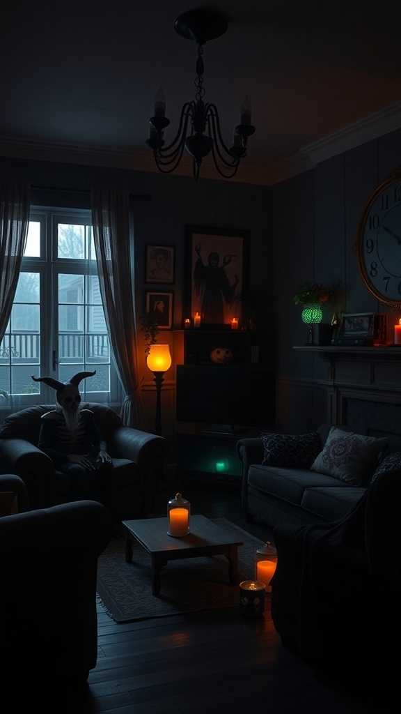 A dimly lit Halloween-themed living room with candles and a skeleton figure.
