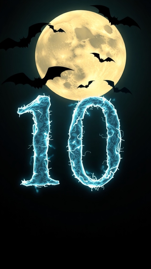 Glowing number 10 with a full moon and bats in the background