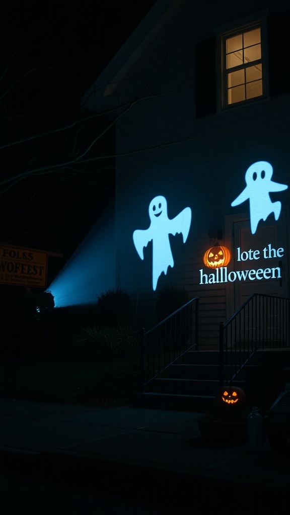 A house with ghost projections and a glowing jack-o'-lantern for Halloween.