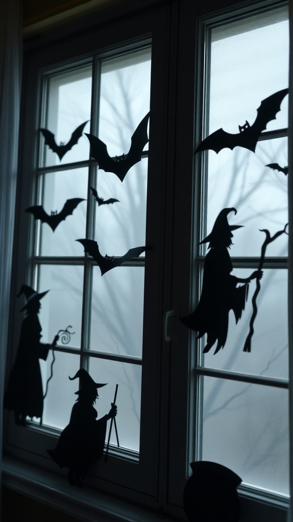 Silhouettes of bats and witches on a window, creating an eerie Halloween atmosphere.