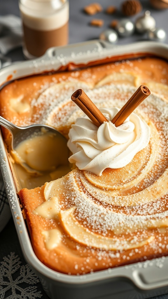 A delicious Eggnog Pudding Cake topped with whipped cream and cinnamon sticks in a 9x13 dish.