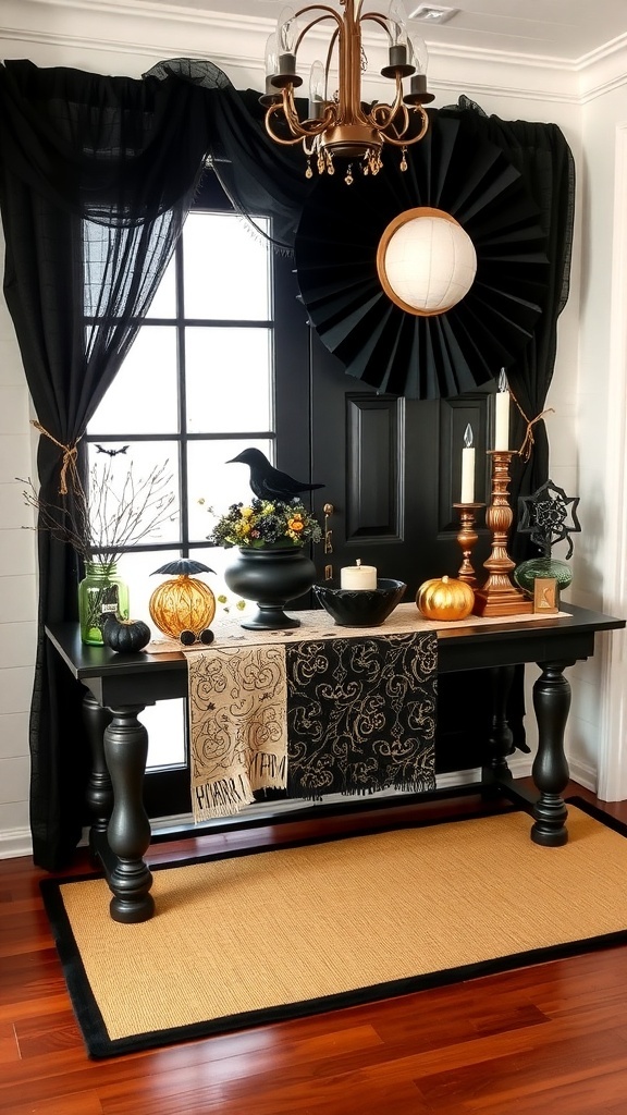 Halloween entry table decorated in black and gold with pumpkins, candles, and a crow
