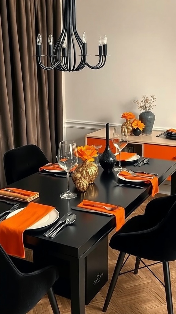 A stylish Halloween table setting featuring a black table, orange flowers, and elegant glassware.