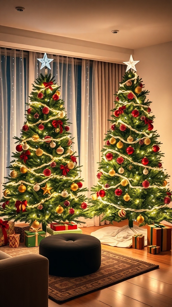Two beautifully decorated Christmas trees with colorful ornaments and gifts underneath in a cozy living room.