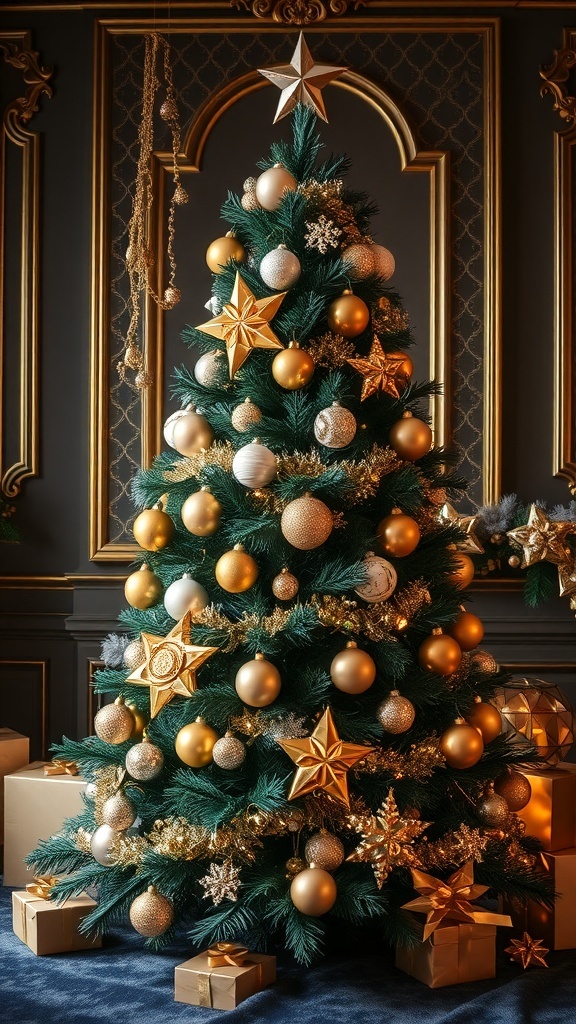 A beautifully decorated Christmas tree with gold and silver ornaments, star-shaped decorations, and wrapped gifts underneath.