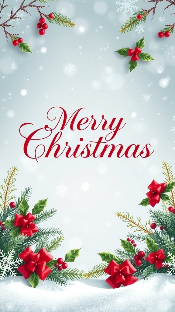 A festive design with the words 'Merry Christmas' in an elegant script font, surrounded by holly, bows, and snowflakes.