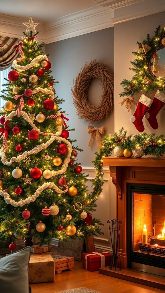 Two decorated Christmas trees beside a fireplace with stockings and gifts