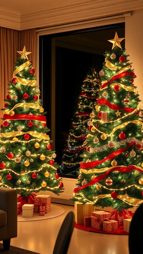 Three beautifully decorated Christmas trees with lights and ornaments, surrounded by wrapped gifts.