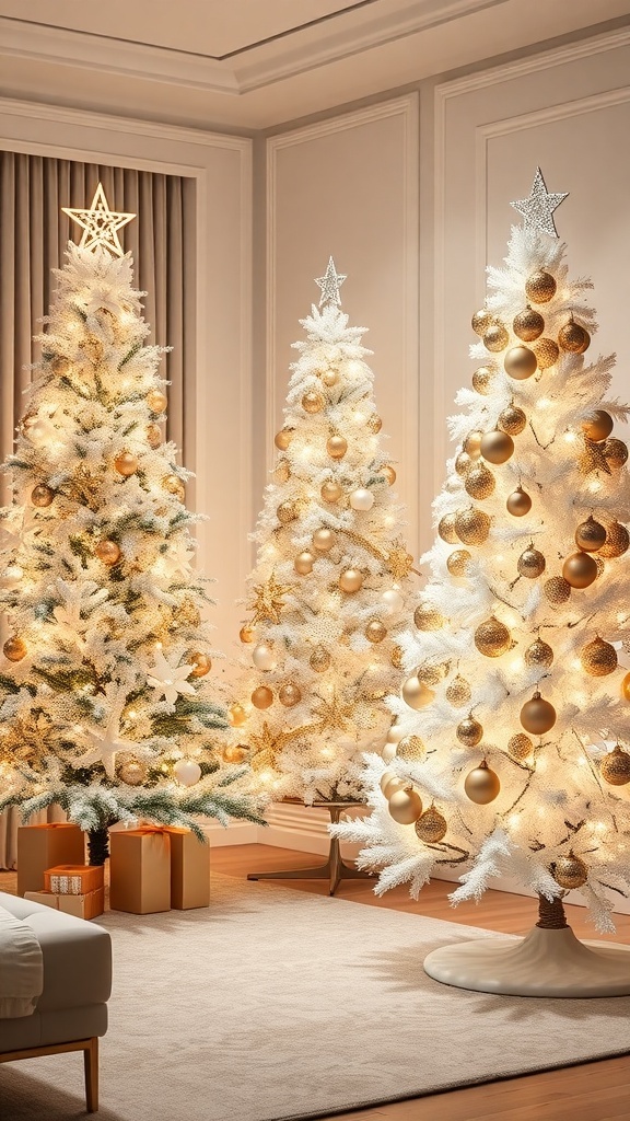 Three Christmas trees decorated in white and gold, creating an elegant holiday display.