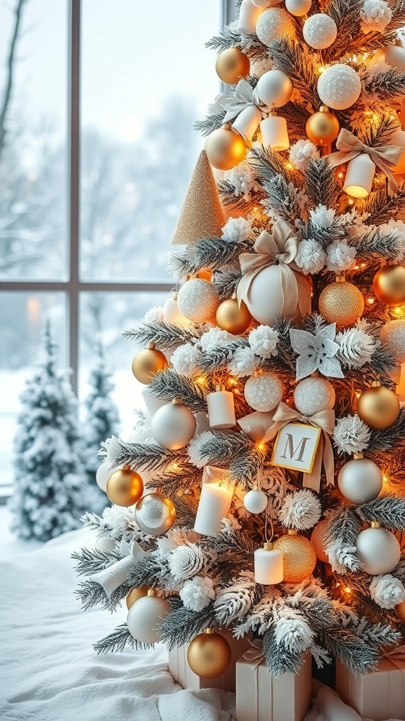 A beautifully decorated white and gold Christmas tree with ornaments and lights.