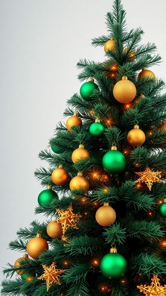 A Christmas tree decorated with emerald green and gold ornaments, featuring twinkling lights and star-shaped decorations.
