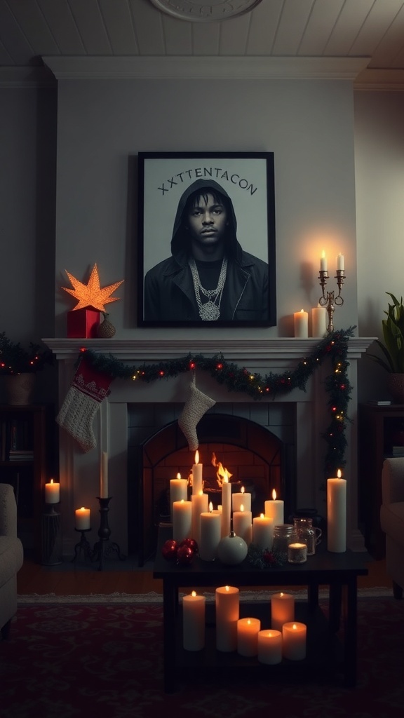 A cozy Christmas scene featuring a portrait of XXXTentacion above a decorated fireplace with candles and festive decorations.