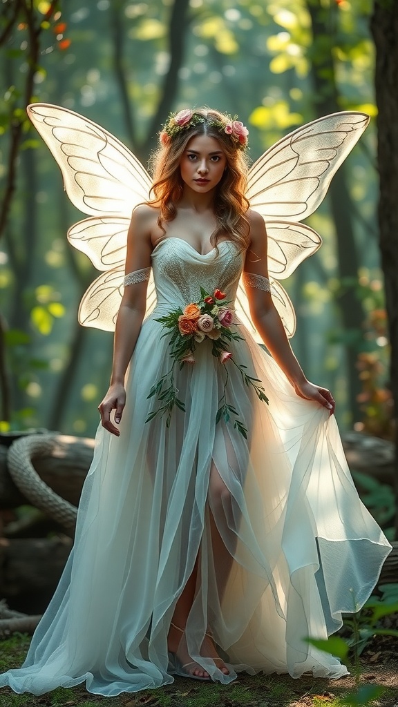 A woman in an enchanting fairy costume with wings, floral crown, and a flowing dress in a forest setting.