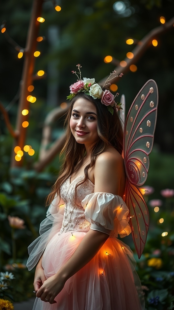 A woman in a fairy costume with butterfly wings and a floral crown, surrounded by lights and flowers.