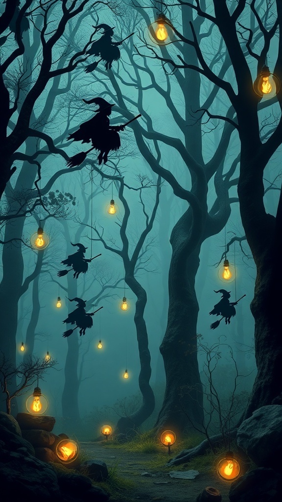 A mystical forest with witches flying on broomsticks and glowing lanterns hanging from trees.