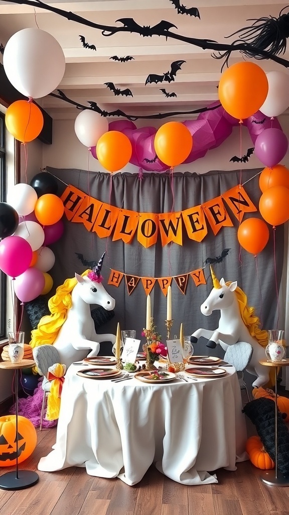 A Halloween-themed decoration featuring unicorns, balloons, and a festive table setup.