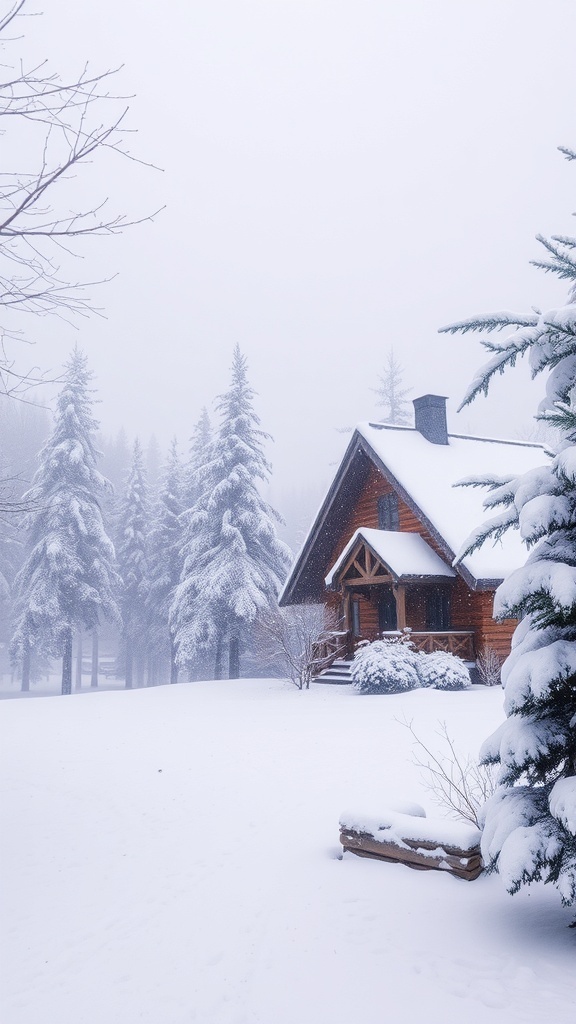 A cozy wooden cabin surrounded by snow-covered trees in a winter landscape.