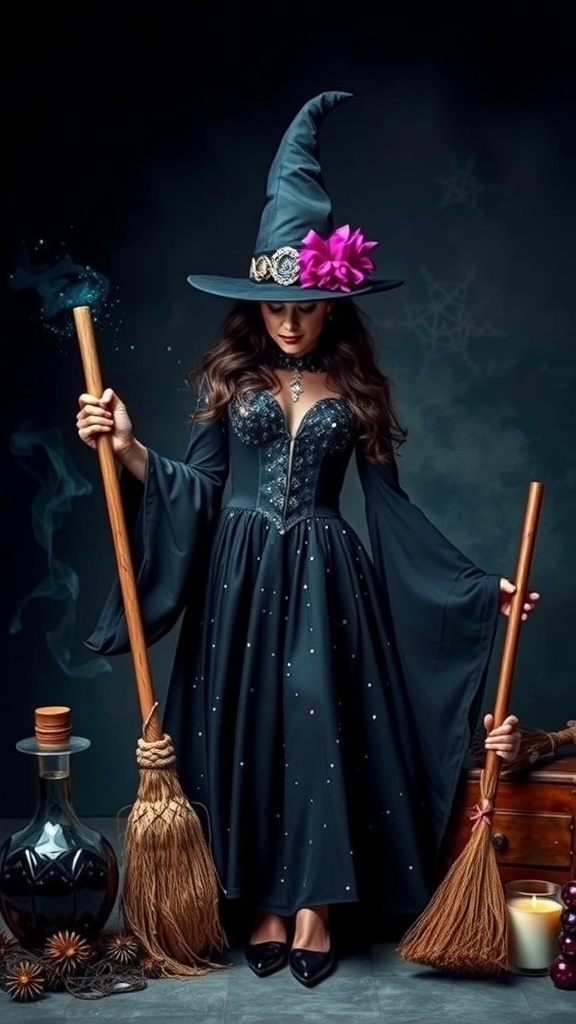 A glamorous witch in a black gown with a pointed hat and pink flower, holding two brooms and a potion bottle.