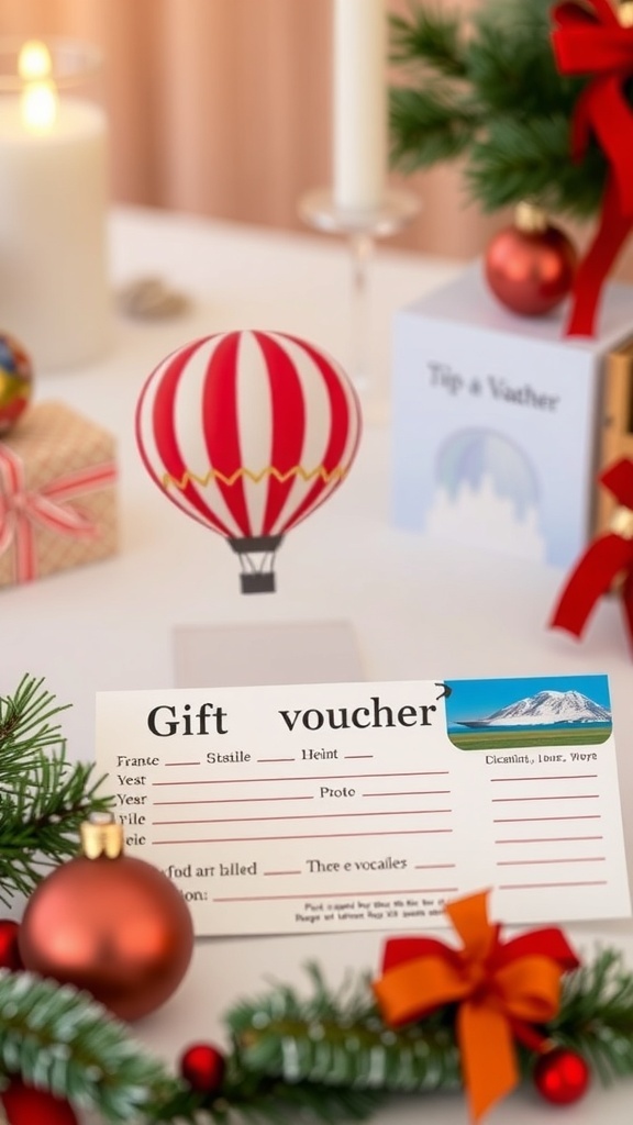 A festive scene featuring a gift voucher, a hot air balloon decoration, and holiday ornaments.