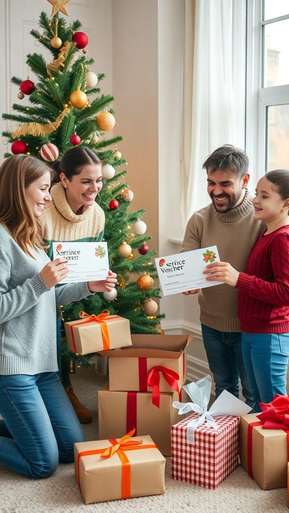 A family celebrating Christmas, holding experience vouchers in front of a decorated tree with gifts.