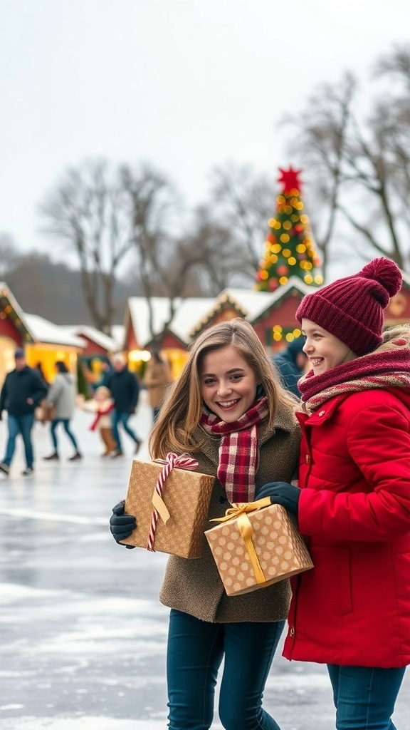 Two girls smiling and holding Christmas gifts in a festive outdoor setting.
