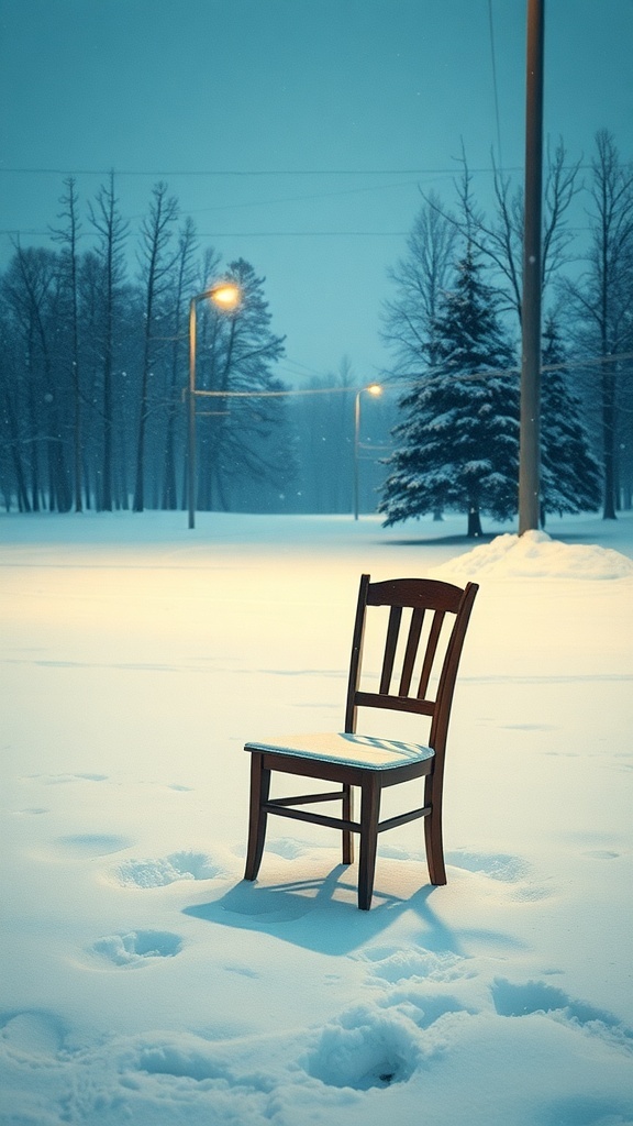 A wooden chair sitting alone in a snowy landscape with trees and streetlights in the background.