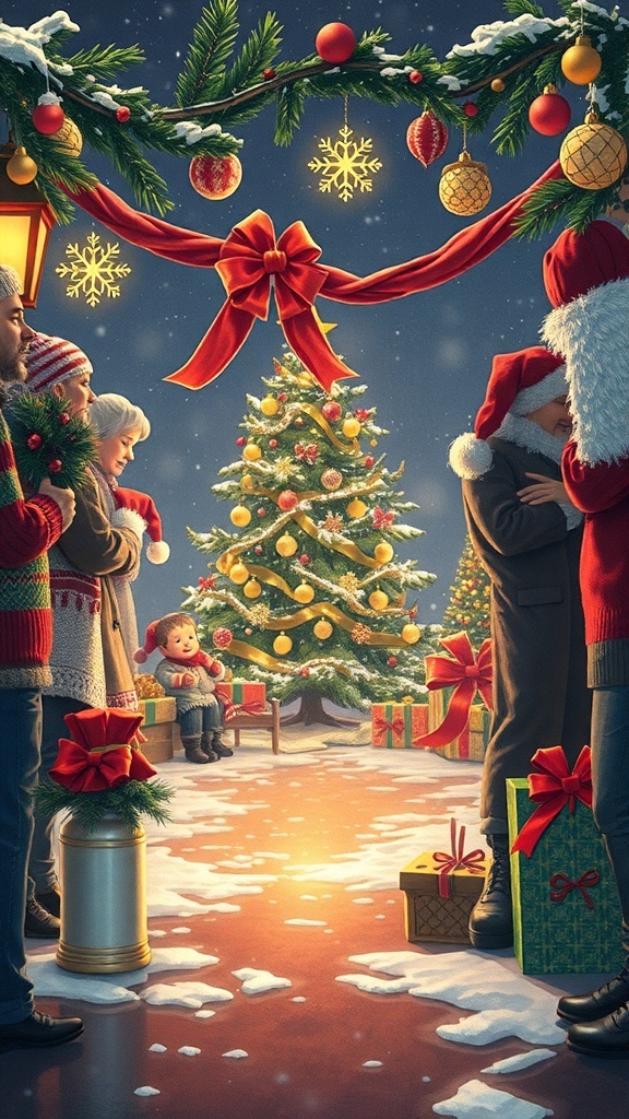 A festive Christmas scene with a decorated tree, gifts, and happy families celebrating together.