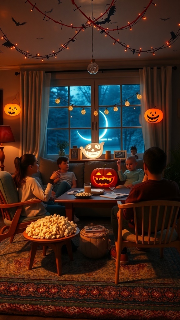 A cozy living room decorated for Halloween with a group of people enjoying a movie night.