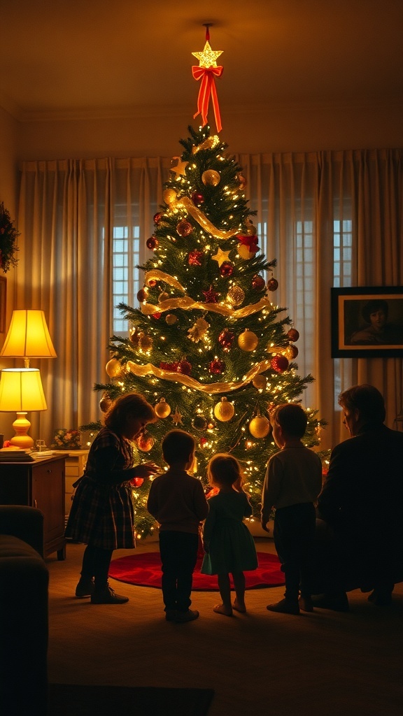 Children gathered around a beautifully decorated Christmas tree, admiring its lights and ornaments.