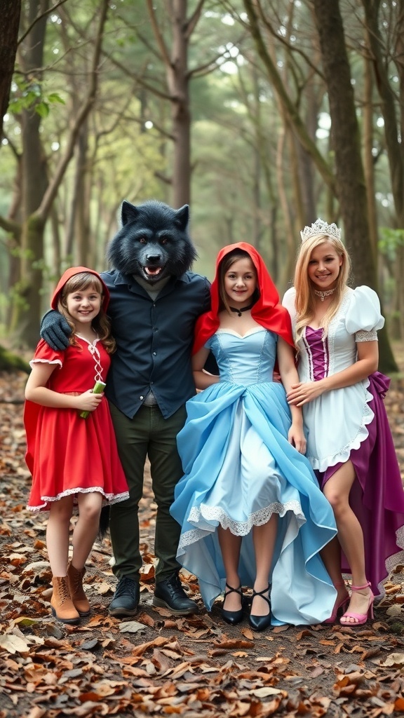 Group of friends dressed as fairy tale characters in a forest setting