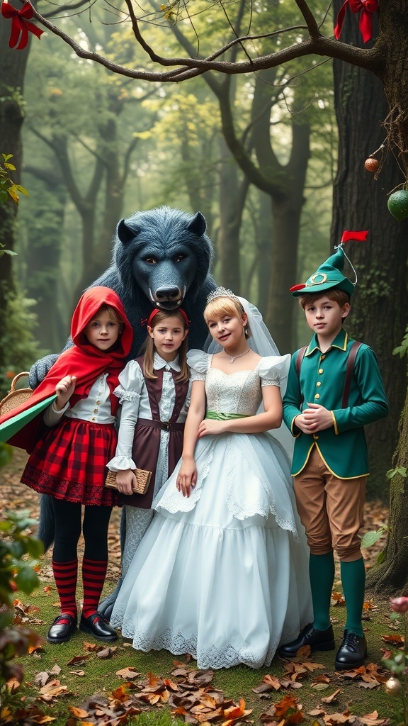 Group of children dressed as fairytale characters in a forest setting.