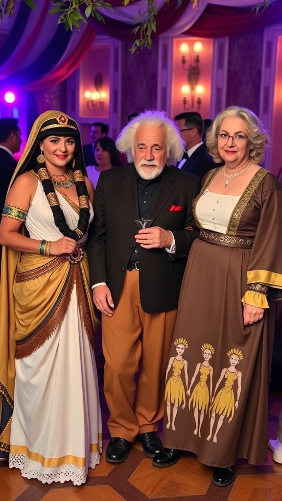 Three individuals in historical costumes: Cleopatra, Albert Einstein, and a Greek figure.