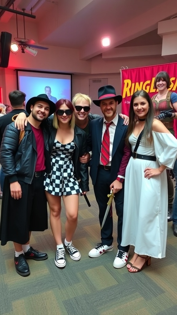 A group of five friends dressed as famous movie characters for Halloween.