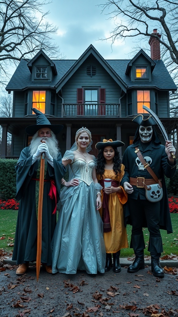 A group of four people dressed as a wizard, a princess, a young witch, and a pirate, standing in front of a house.